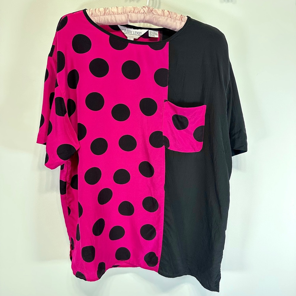 Vintage 80s 90s 100% Silk Polka Dot Colorblock Top Sunny Leigh Pink Black L